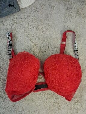 Victoria's Secret Red Lace Push-Up Bra with Embellished Sparkle Straps